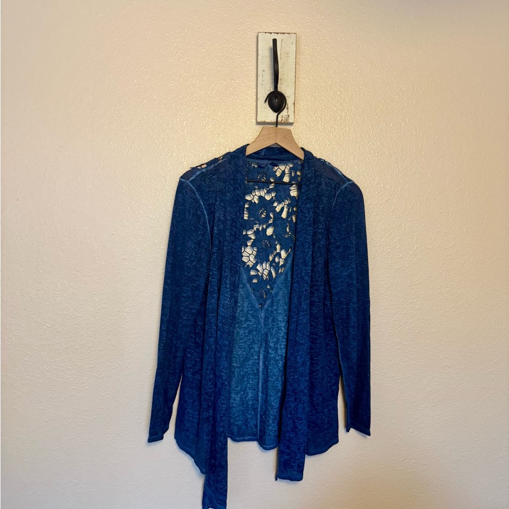 Blue Knit Cardigan Sweater with Open Front